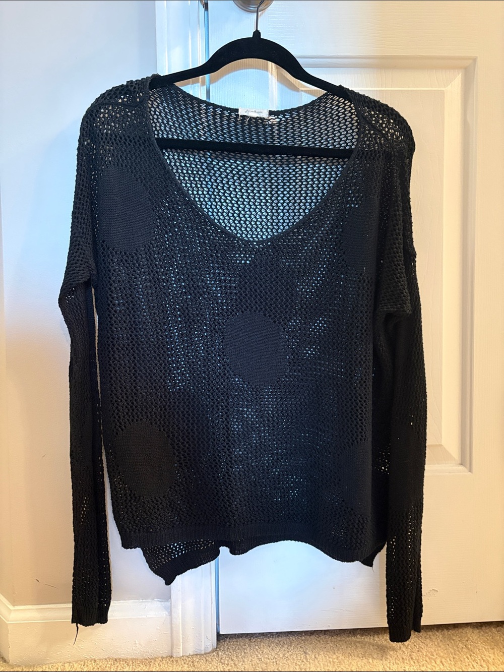 Black Open-Knit Deep Neck Cut Sweater with Polka Dot Patches
